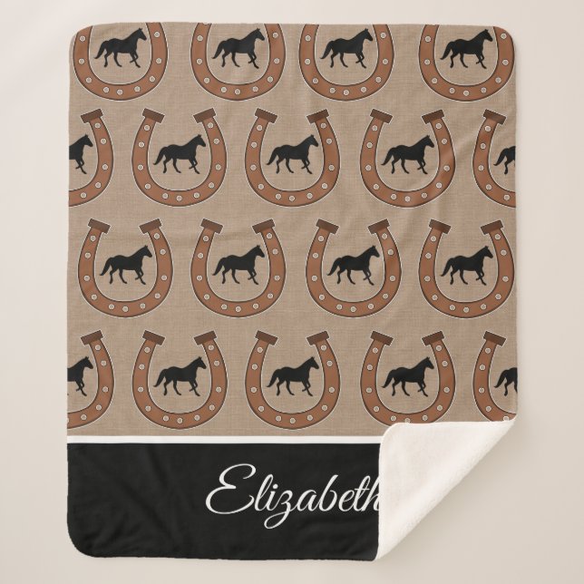 Couverture Sherpa Brown Horseshoe et Black Horses Fleece Blanket (Devant)