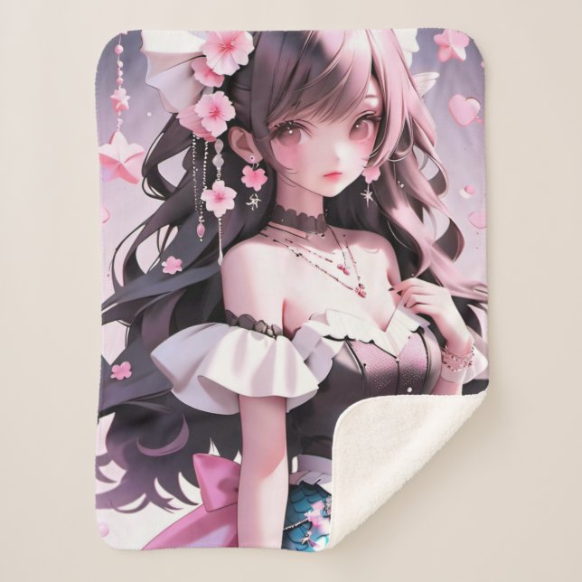 Couverture Sherpa Brown Sirène Haired aux fleurs roses dans ses chev (Devant)