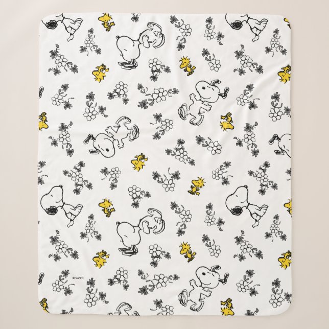 Couverture Sherpa cacahuètes | Snoopy & Woodstock B&W Flower Motif (Devant)