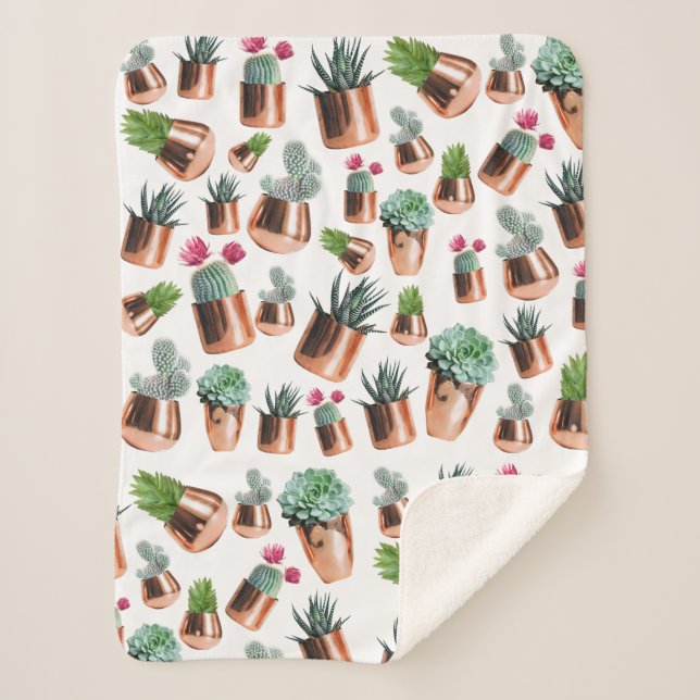 Couverture Sherpa Cactus et succulents dans des pots d'or Roses (Devant)