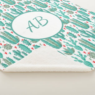 Couverture Sherpa Cactus vert blanc motif lunique