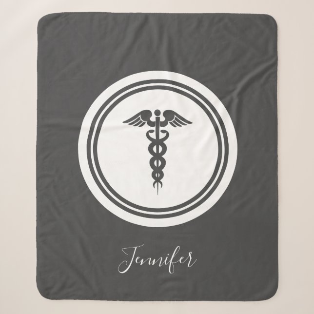 Couverture Sherpa Caducée Médicale lettrée en Hamd gris personnalisé (Devant)
