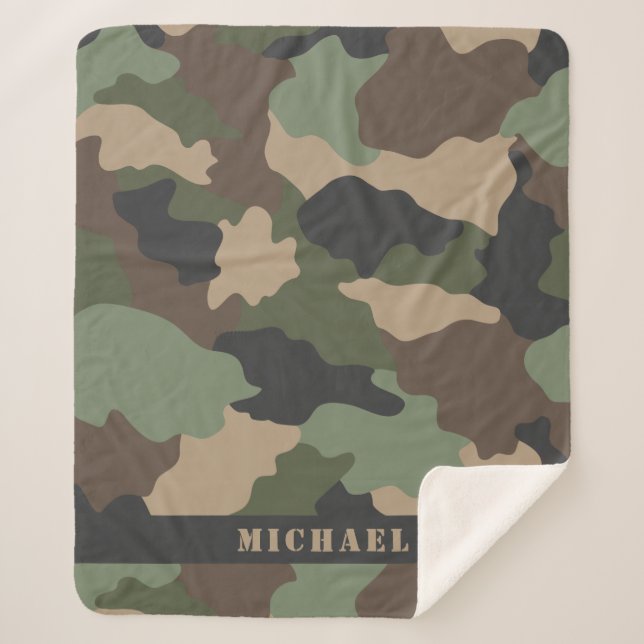 Couverture Sherpa Camo Camouflage militaire Kaki vert Tan Monogramme (Devant)