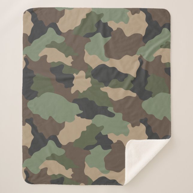 Couverture Sherpa Camouflage en bois Camo Kaki Vert Tan Noir (Devant)