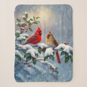 Couverture Sherpa Cardinaux rouges et houx dans la neige