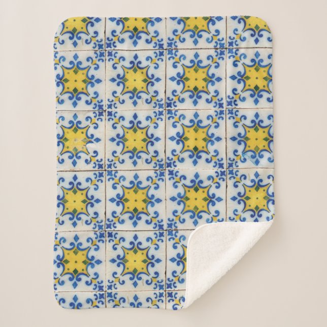 Couverture Sherpa Carreaux portugais - Azulejo Motif bleu et jaune (Devant)