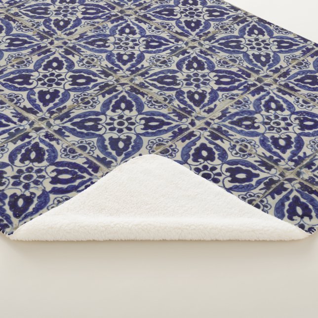 Couverture Sherpa Carrelage italien rustique Azulejo bleu blanc géom (3/4)
