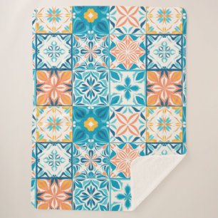 Couverture Sherpa Carrelage orange et bleu