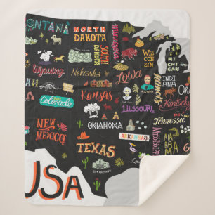 Couverture Sherpa Carte illustrée des États-Unis. Poster avec éta