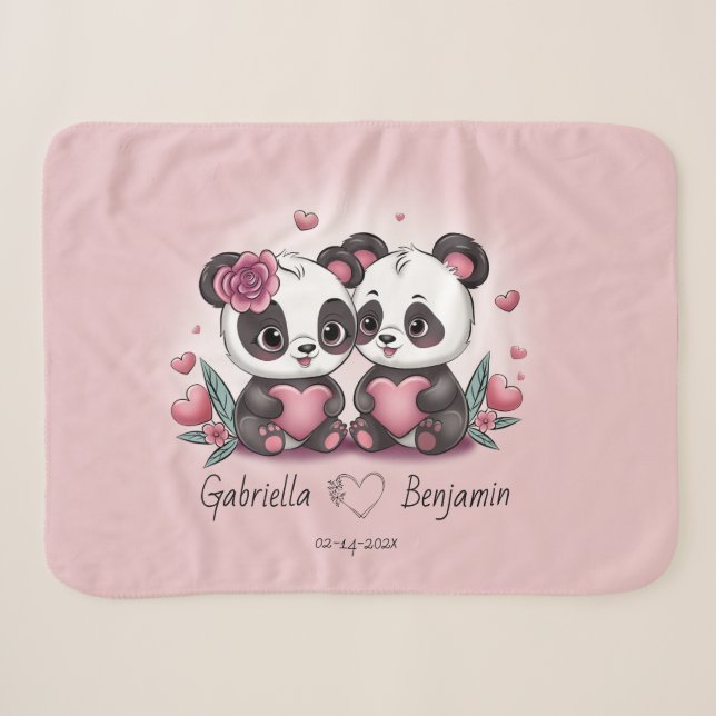 Couverture Sherpa Cartoon mignon Panda amoureux Coeur Saint-Valentin (Devant (Horizontal))
