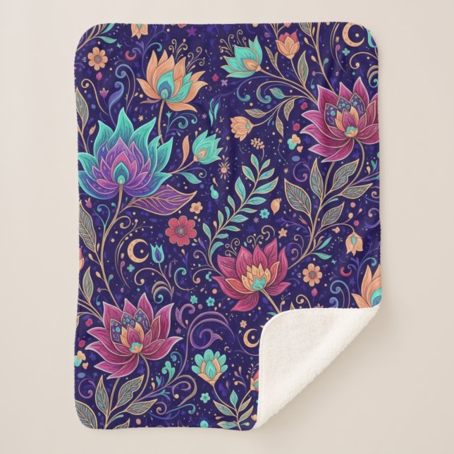 Couverture Sherpa Celestial Midnight Lotus Floral Pattern Blanket (Devant)
