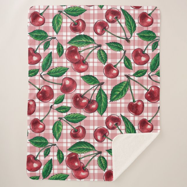 Couverture Sherpa Cerises rouges sur en vichy rose (Devant)