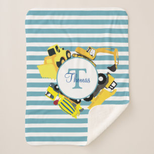 Couverture Sherpa Chariots de construction Bleu rayures Monogramme