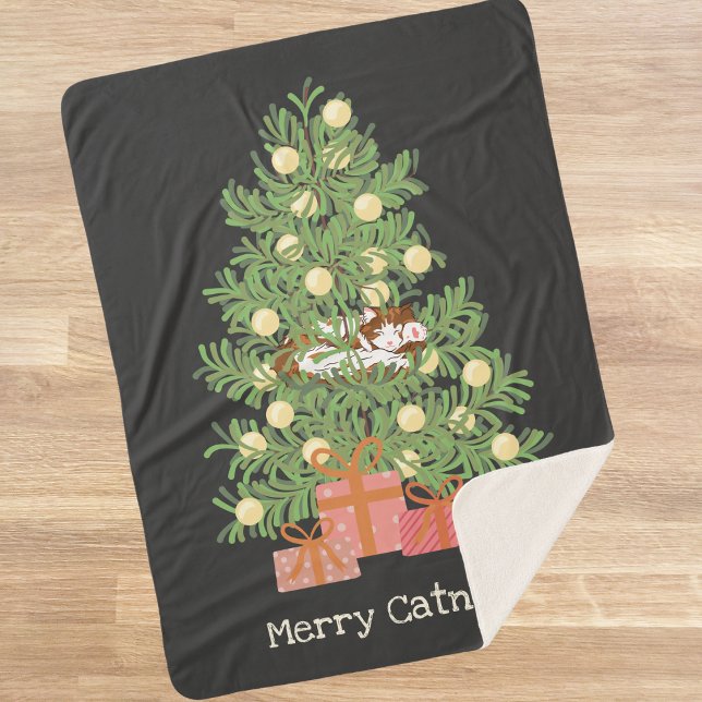 Couverture Sherpa Chat amusant & Arbre de Noël Joyeux Catnaps! Black (Créateur téléchargé)