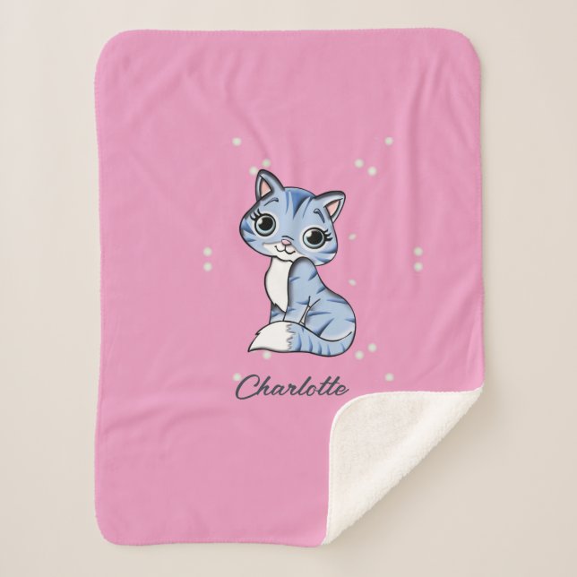 Couverture Sherpa Chat bleu mignon sur nom personnalisé rose (Devant)