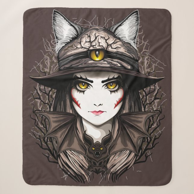 Couverture Sherpa Chat de sorcière Halloween Déplaisant Portrait mig (Devant)