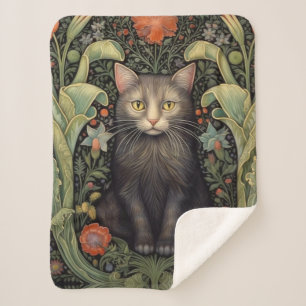 Couverture Sherpa Chat noir Art nouveau et fleurs rouges