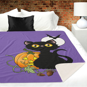 Couverture Sherpa Chat noir mignon violet Halloween Citrouille