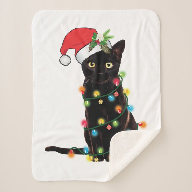 Couverture Sherpa Chat Noir Père Noël Tangée Dans Les Lumières De No (Devant)
