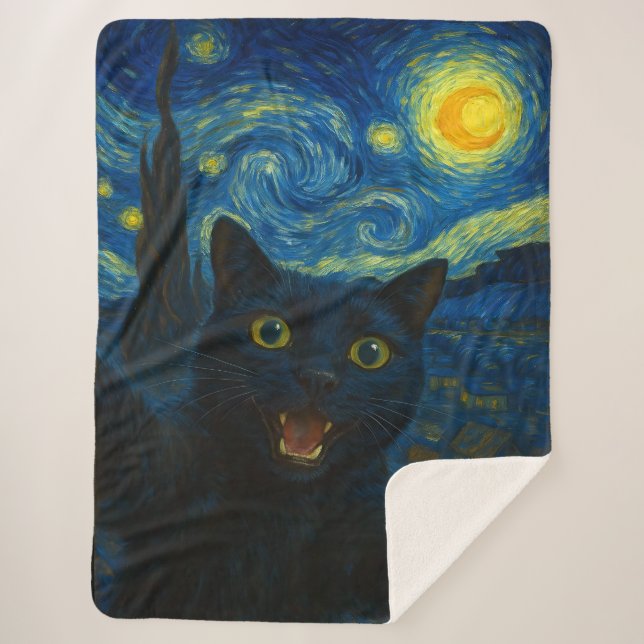 Couverture Sherpa Chat noir Starry Nuit Van Gogh Chat Selfie (Devant)