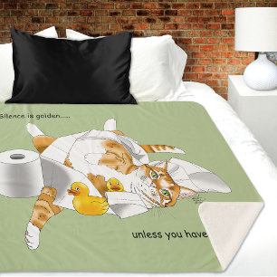 Couverture Sherpa Chat orange roux drôle Papier toilette vert