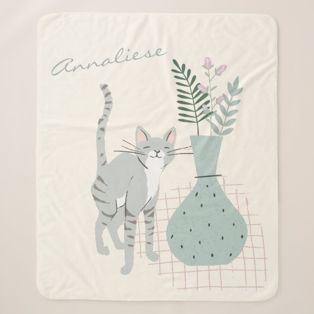 Couverture Sherpa Chat Whimsical et Plante Sage Green Personnalisé (Devant)