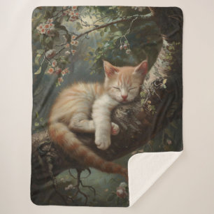 Couverture Sherpa Chaton dormant dans un arbre Vintage