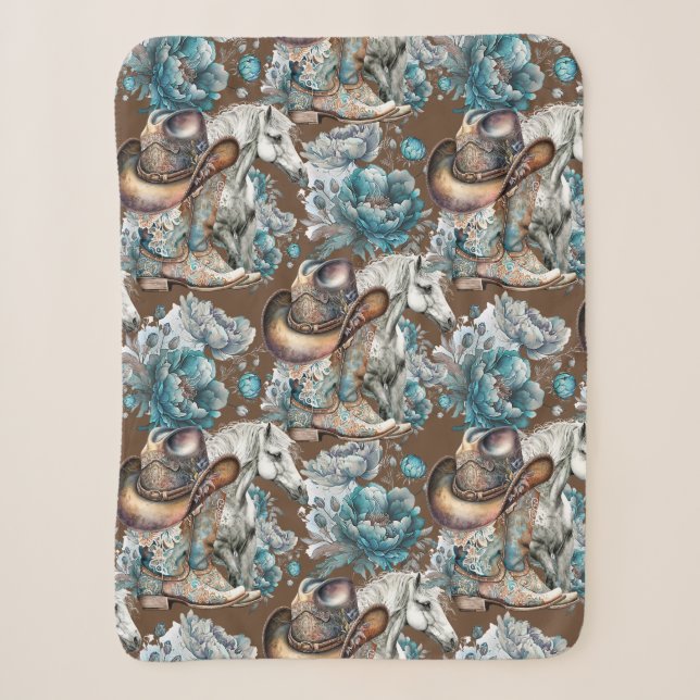 Couverture Sherpa Cheval fille cowgirl motif floral turquoise (Devant)