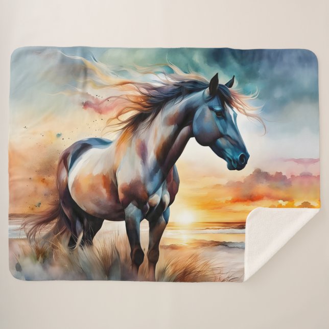 Couverture Sherpa Cheval sauvage sur la dune de Grassy au coucher du (Devant (Horizontal))