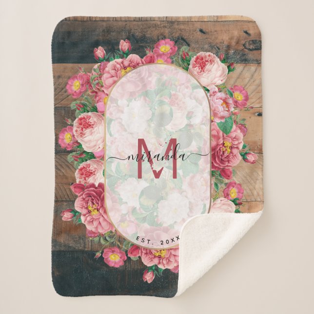 Couverture Sherpa Chic Botanique Vintage Wreath Monogramme Bois (Devant)