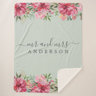Couverture Sherpa Chic Newlysée M. Mme Pink Floral Monogramme