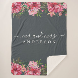 Couverture Sherpa Chic Newlysée M. Mme Pink Floral Monogramme