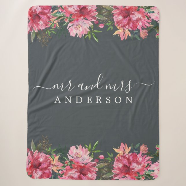 Couverture Sherpa Chic Newlysée M. Mme Pink Floral Monogramme (Devant)