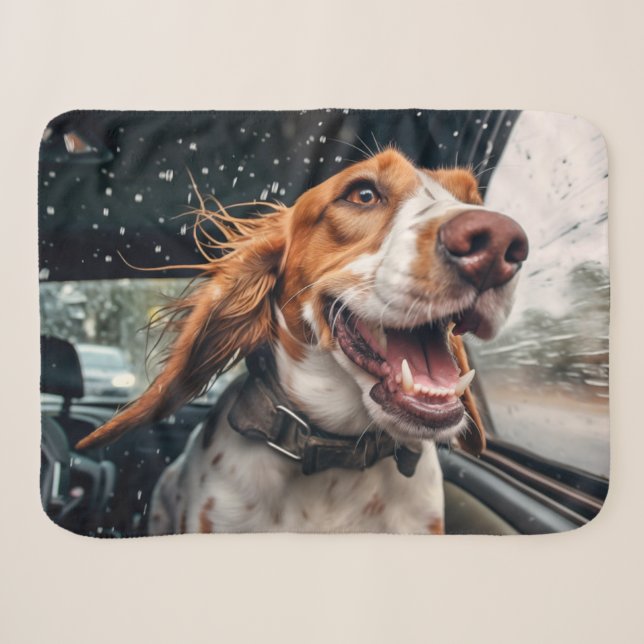 Couverture Sherpa Chien excité sur Rainy Car Ride Art (Devant (Horizontal))