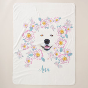 Couverture Sherpa Chien Samoyé et fleurs roses