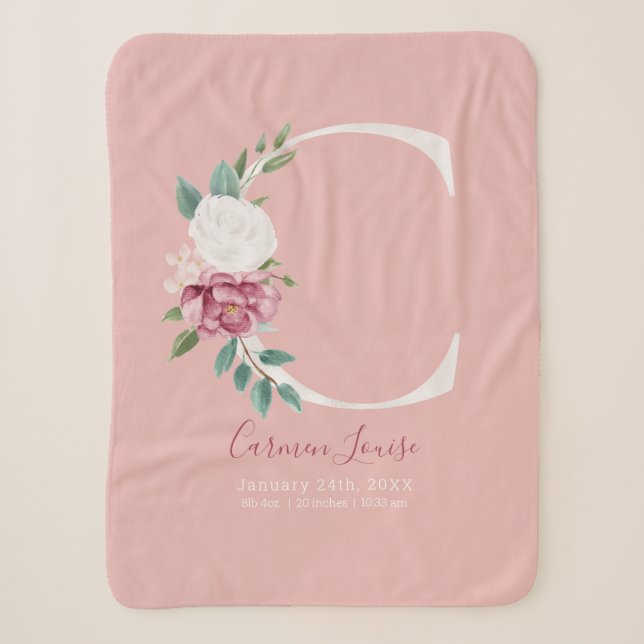 Couverture Sherpa Chiffres de naissance roses pour bébé - Lettre C - (Devant)