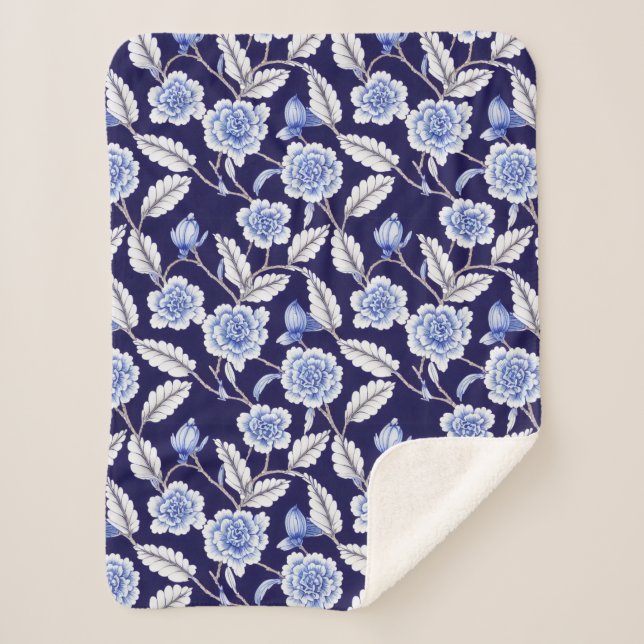 Couverture Sherpa Chinoiserie Delft Blue Floral Porcelaine Motif (Devant)