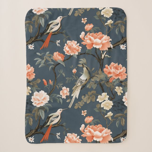 Couverture Sherpa Chinoiserie florale sur Denim Blue (Devant)