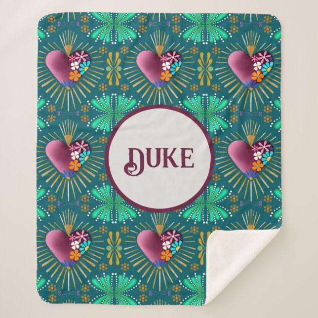 Couverture Sherpa Coeur bordeaux avec fleurs et rayons dorés (Devant)