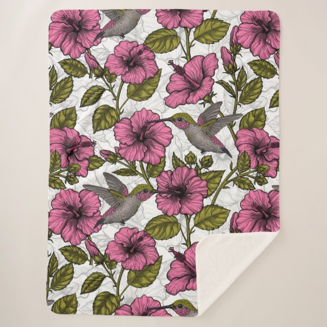 Couverture Sherpa Colibris et fleurs d'hibiscus roses (Devant)