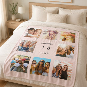 Couverture Sherpa Collage de photos d'anniversaire fille femme rose