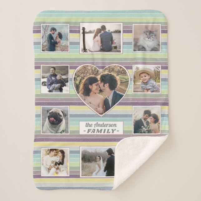 Couverture Sherpa Collage Photo Famille 11 Custom Heart Retro Stripe (Devant)