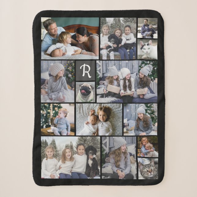 Couverture Sherpa Collage Photo Famille 14 Photos + Monogramme Black (Devant)