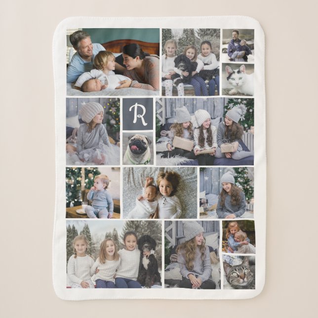 Couverture Sherpa Collage Photo Famille 14 Photos + Monogramme Blanc (Devant)