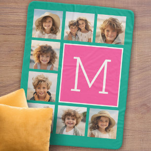 Couverture Sherpa Collage photo Monogramme carré rose chaud et cyan
