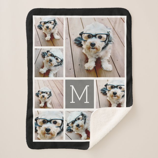 Couverture Sherpa Collage photo noir et gris 8 - monogramme classiqu (Devant)