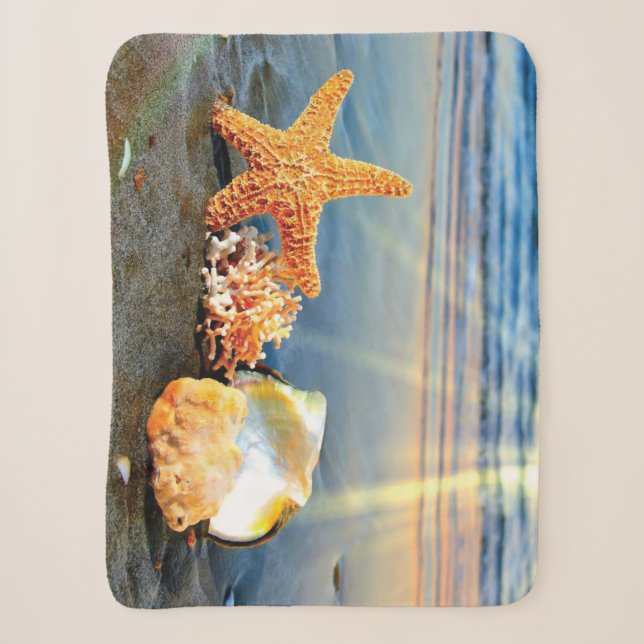 Couverture Sherpa Coquillages marins et étoiles de mer sur la plage (Devant)