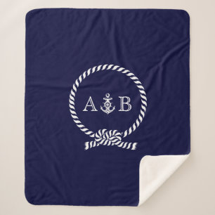Couverture Sherpa Corde bleue marine et Ancre Monogrammed