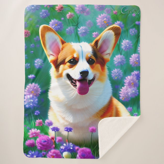 Couverture Sherpa Corgi floral (Devant)
