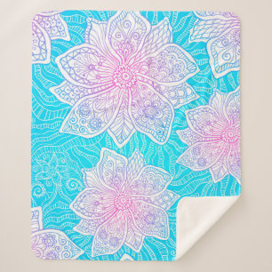 Couverture Sherpa Couleurs bleues et roses ornementent fleurs transp